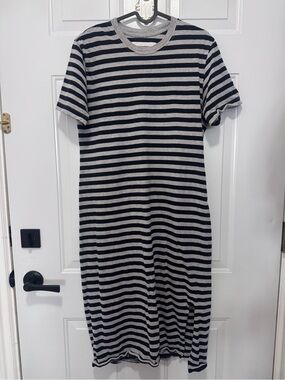 Striped Short-Sleeve Midi Dress in Black and Gray Province of Canada